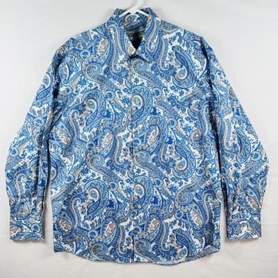 Alan Flusser Shirt Mens Large Blue Paisley Long Sleeve Button Front Cotton - Image 1