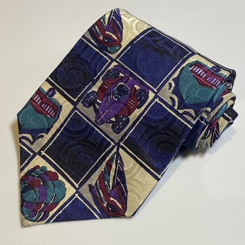 Vtg Guess Georges Marciano Silk Mens Tie Multicolor Geometric Necktie Cars Boats - Thumbnail 3