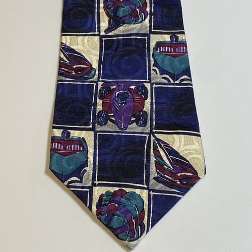 Vtg Guess Georges Marciano Silk Mens Tie Multicolor Geometric Necktie Cars Boats - Thumbnail 5