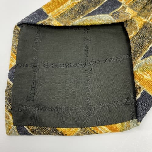 Ermenegildo Zegna 100% Silk Mens Tie Geometric Pattern Necktie Gold Black - Thumbnail 4