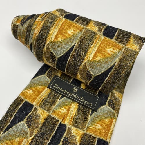 Ermenegildo Zegna 100% Silk Mens Tie Geometric Pattern Necktie Gold Black - Thumbnail 3