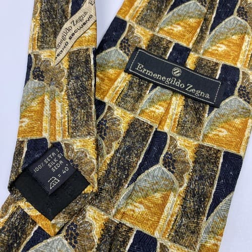 Ermenegildo Zegna 100% Silk Mens Tie Geometric Pattern Necktie Gold Black - Thumbnail 5