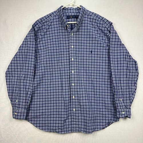 Ralph Lauren Mens 3XB Oxford Shirt Blue Plaid Long Sleeve Button Down Cotton - Thumbnail 2