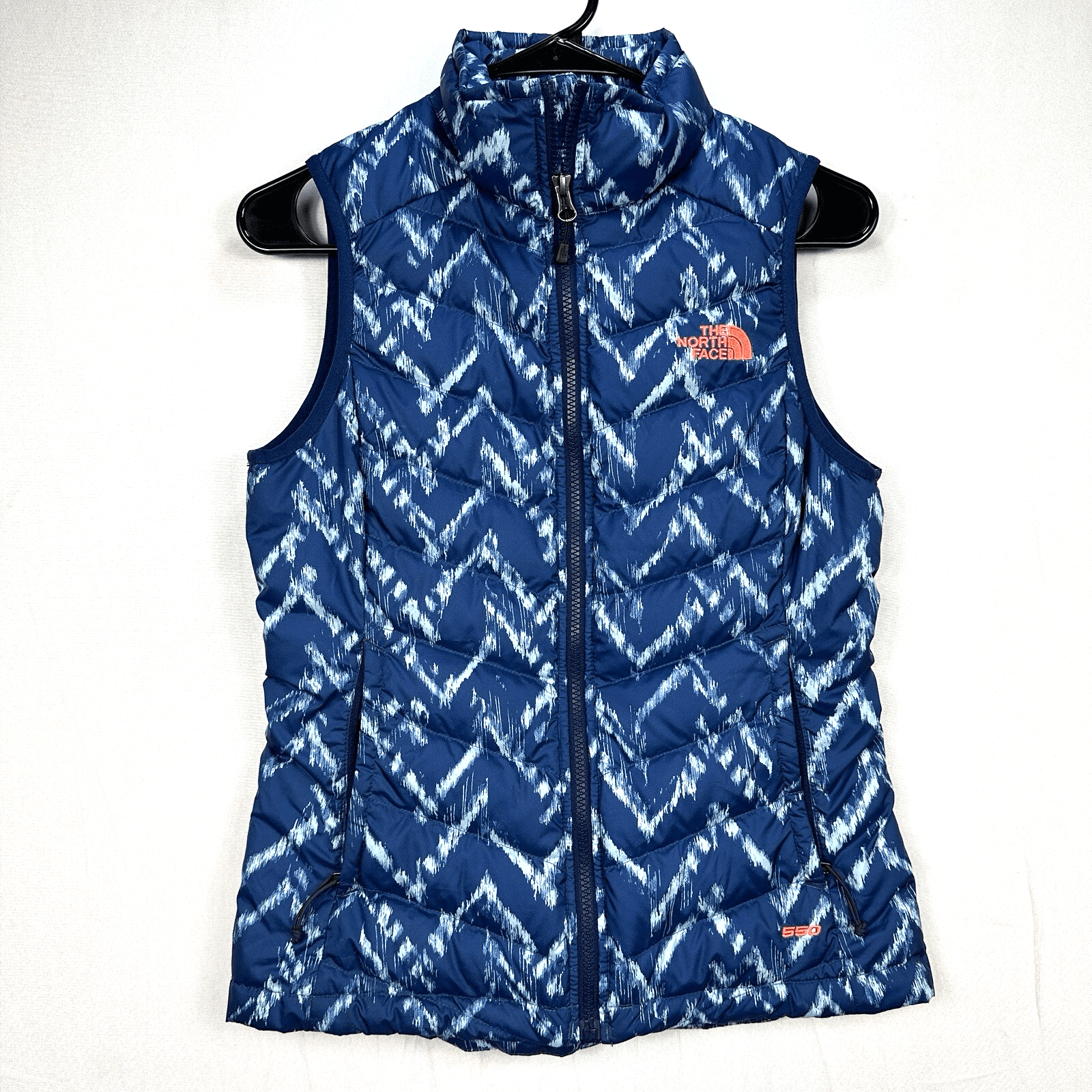 The North Face Flare Down Vest 550 Fill Womens XS Blue Geometric Full Zip Puffer - Image 1