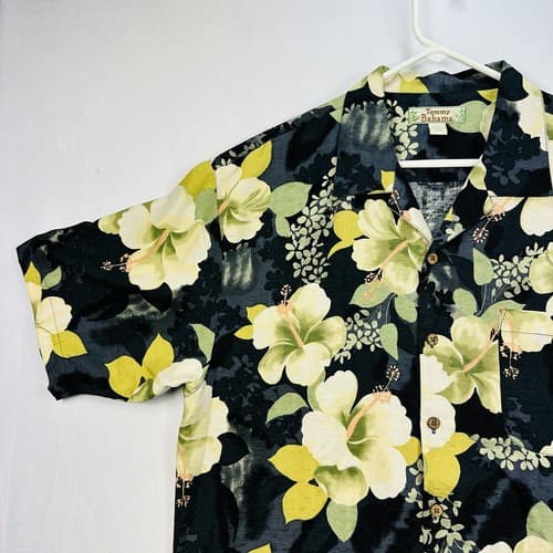 Vintage Tommy Bahama Silk Hawaiian Shirt Mens Large Hibiscus Black Yellow Button - Thumbnail 6
