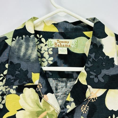 Vintage Tommy Bahama Silk Hawaiian Shirt Mens Large Hibiscus Black Yellow Button - Thumbnail 7