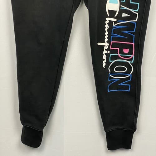 Champion Reverse Weave Joggers Black Spellout Mens Large Sweatpants Vintage - Thumbnail 3