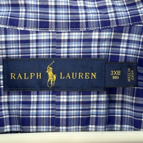 Ralph Lauren Mens 3XB Oxford Shirt Blue Plaid Long Sleeve Button Down Cotton - Thumbnail 7