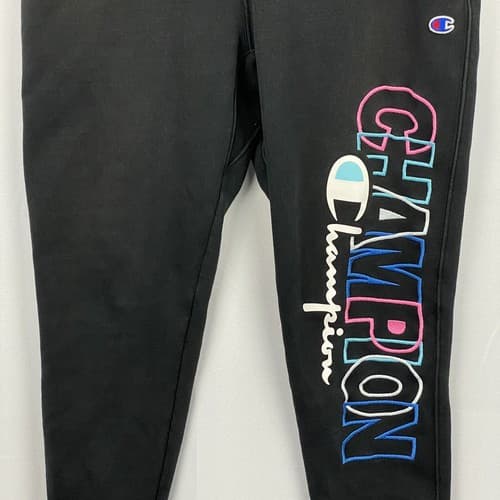 Champion Reverse Weave Joggers Black Spellout Mens Large Sweatpants Vintage - Thumbnail 4