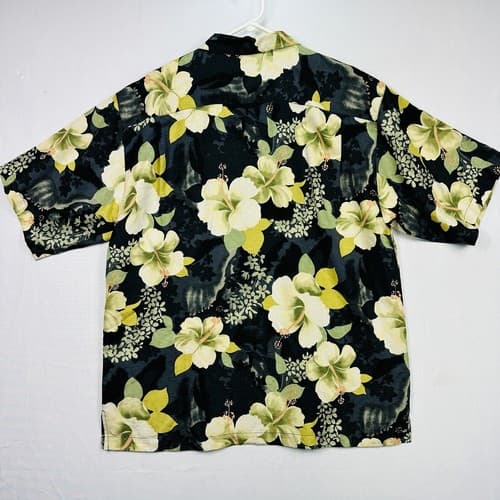 Vintage Tommy Bahama Silk Hawaiian Shirt Mens Large Hibiscus Black Yellow Button - Thumbnail 3