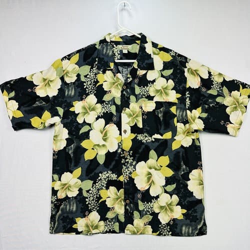 Vintage Tommy Bahama Silk Hawaiian Shirt Mens Large Hibiscus Black Yellow Button - Thumbnail 2