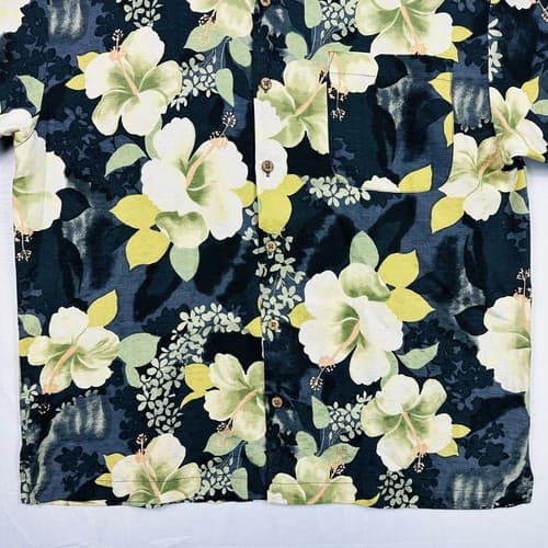 Vintage Tommy Bahama Silk Hawaiian Shirt Mens Large Hibiscus Black Yellow Button - Thumbnail 4