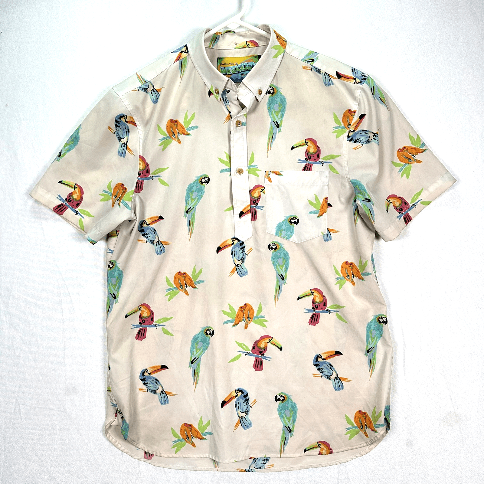 Weekend The Nutter Chubbies Shirt Mens Medium Beige Parrot Toucan Short Sleeve - Image 1