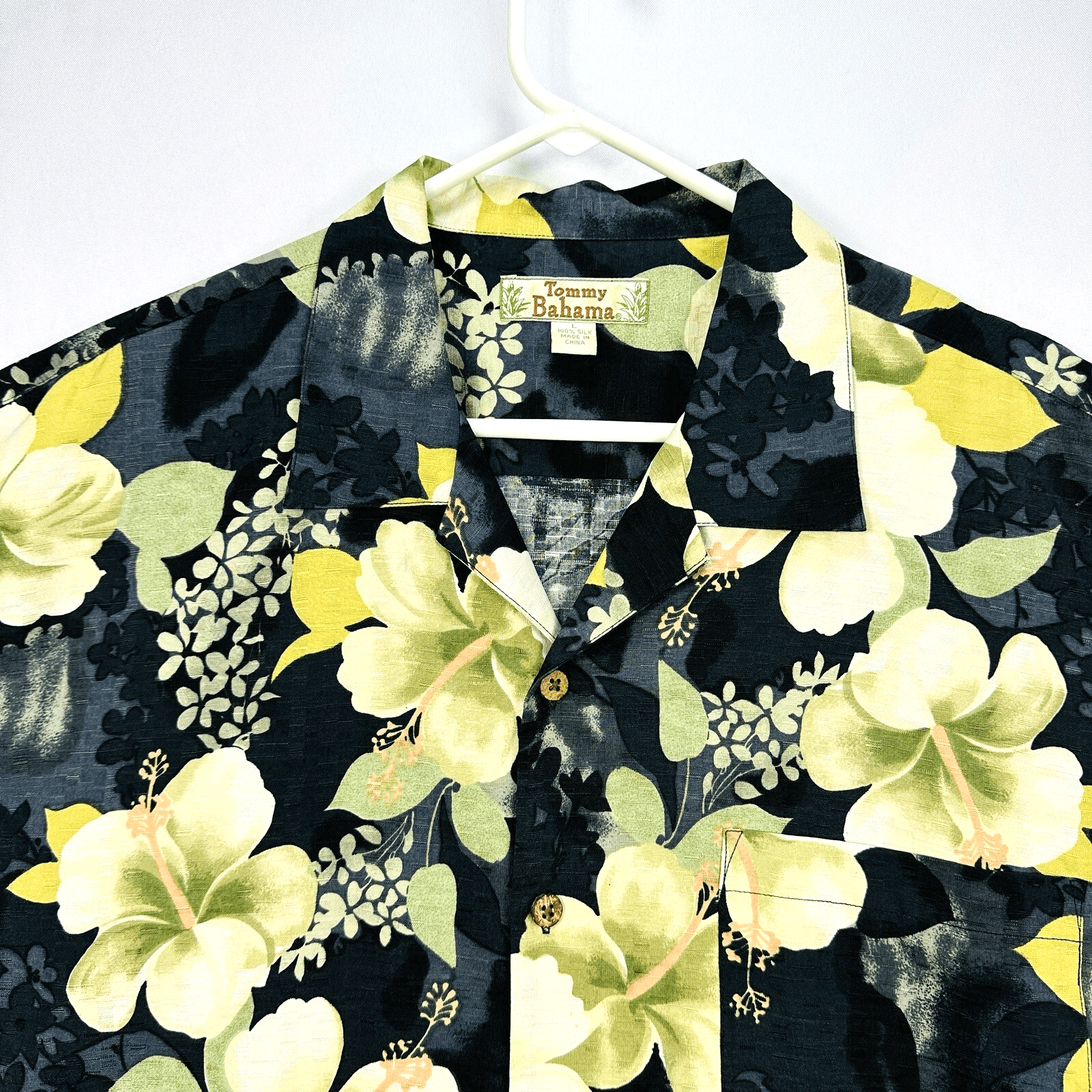Vintage Tommy Bahama Silk Hawaiian Shirt Mens Large Hibiscus Black Yellow Button - Image 1