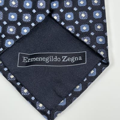 Ermenegildo Zegna Tie Mens 100% Silk Navy Geometric Pattern Classic Formal Italy - Thumbnail 4