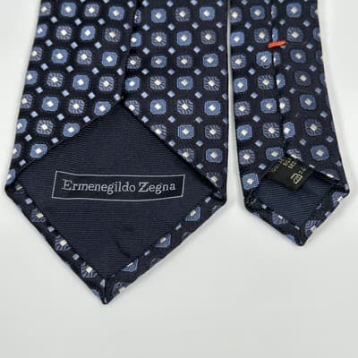 Ermenegildo Zegna Tie Mens 100% Silk Navy Geometric Pattern Classic Formal Italy - Thumbnail 5