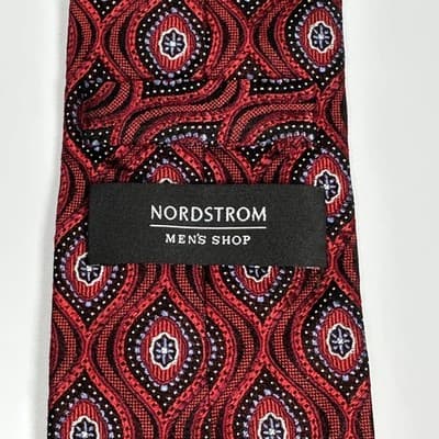 NEW Nordstrom Mens 100% Silk Tie Red Black Geometric Pattern Necktie Classic - Thumbnail 5
