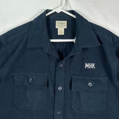 L.L. Bean Chamois Flannel Shirt Mens Large Navy Button Front Monogram Workwear - Thumbnail 2