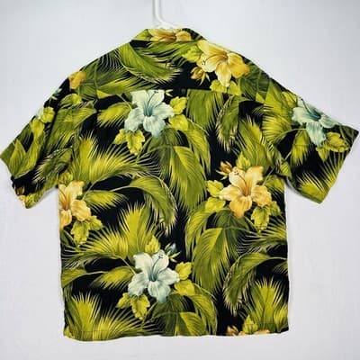 Tommy Bahama Hawaiian 100% Silk Shirt Mens XL Black Green Floral Island Camp - Thumbnail 2
