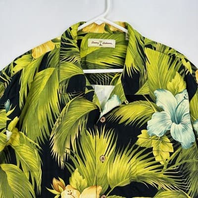 Tommy Bahama Hawaiian 100% Silk Shirt Mens XL Black Green Floral Island Camp - Thumbnail 4