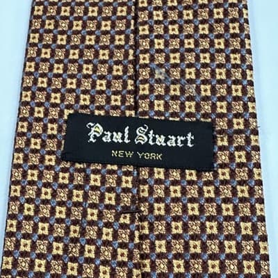 Paul Stuart 100% Silk Tie Mens Brown Gold Geometric Woven Classic Necktie Dress - Thumbnail 4