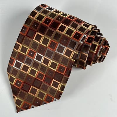 Bergamo New York Tie Mens Brown Geometric Squares Classic Handmade Necktie - Thumbnail 2