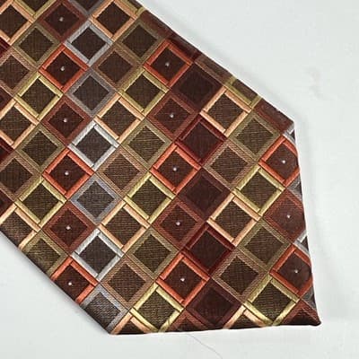 Bergamo New York Tie Mens Brown Geometric Squares Classic Handmade Necktie - Thumbnail 3