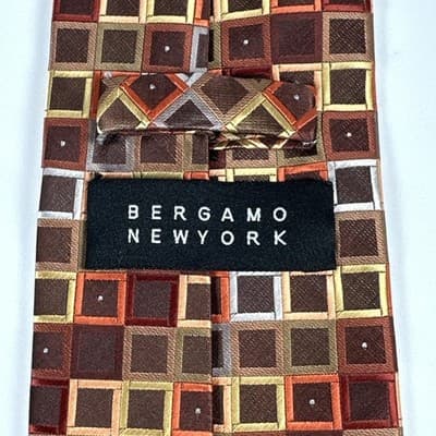 Bergamo New York Tie Mens Brown Geometric Squares Classic Handmade Necktie - Thumbnail 4