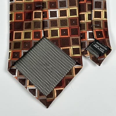 Bergamo New York Tie Mens Brown Geometric Squares Classic Handmade Necktie - Thumbnail 5