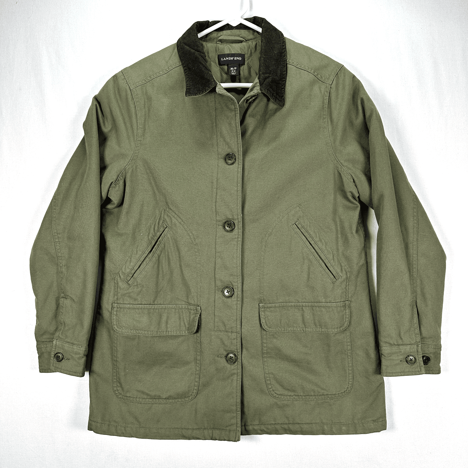 Lands End Barn Chore Coat Women Medium Petite 10-12 Green Jacket Corduroy Collar - Image 1