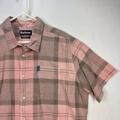 Barbour Button Up Shirt Mens Large Pink Gray Plaid Short Sleeve Nova Check - Thumbnail 4