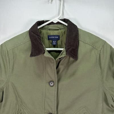 Lands End Barn Chore Coat Women Medium Petite 10-12 Green Jacket Corduroy Collar - Thumbnail 3