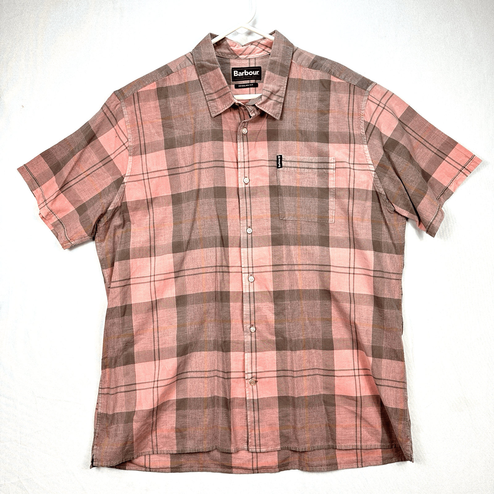 Barbour Button Up Shirt Mens Large Pink Gray Plaid Short Sleeve Nova Check - Image 1
