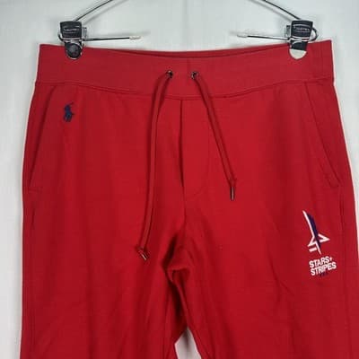Polo Ralph Lauren Stars + Stripes Joggers Mens Medium Sweatpants Red Sail Logo - Thumbnail 4