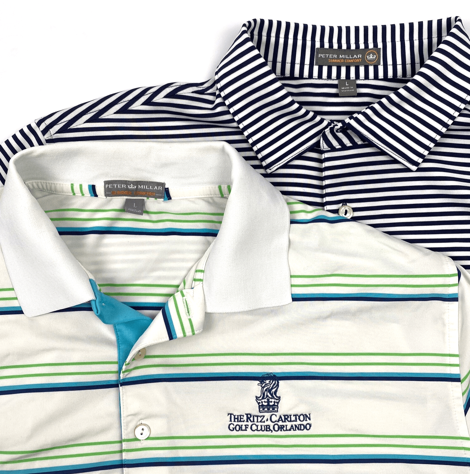 Peter Millar Summer Comfort Polo Lot (2) Mens Large Striped Shirt Ritz Carlton - Image 1