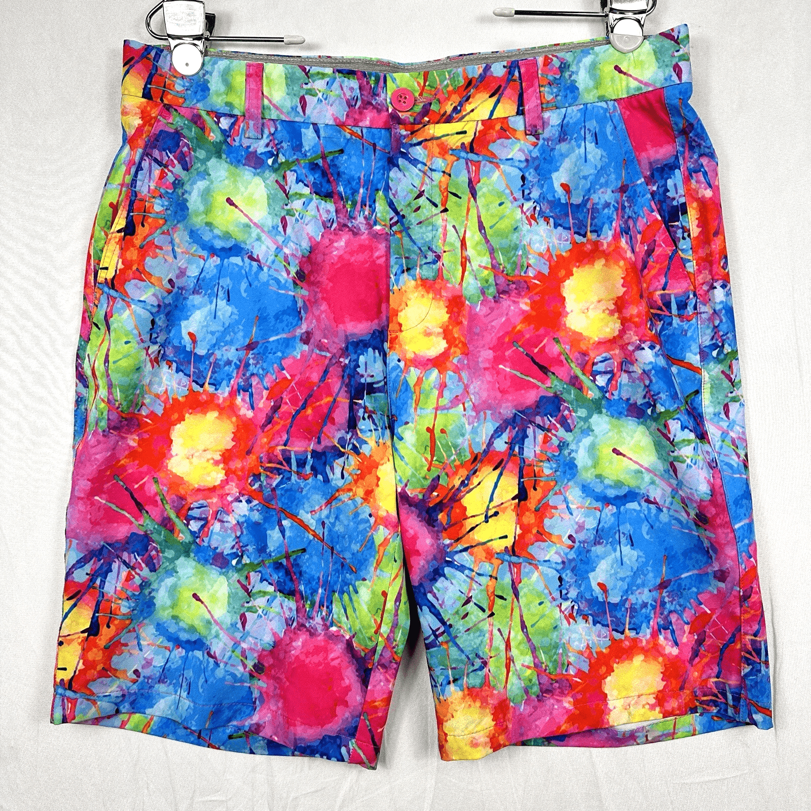 Hreski Golf Shorts Mens 34 Flat Front Multicolor Splatter Paint Colorful 10” L - Image 1