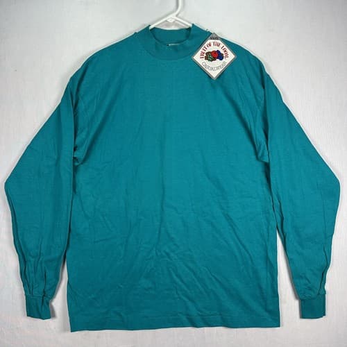 Vintage 90s Fruit Of The Loom MockNeck T-Shirt XL Teal Long Sleeve Blank USA NEW - Thumbnail 2