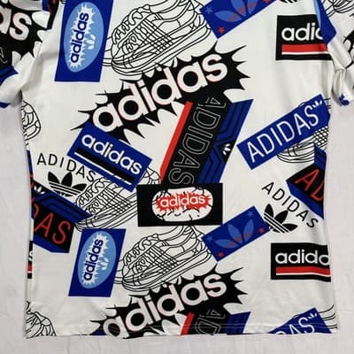 Adidas Shirt Kids 2XL White Blue Black All Over Logo Graphic Tee Originals XXL - Thumbnail 2