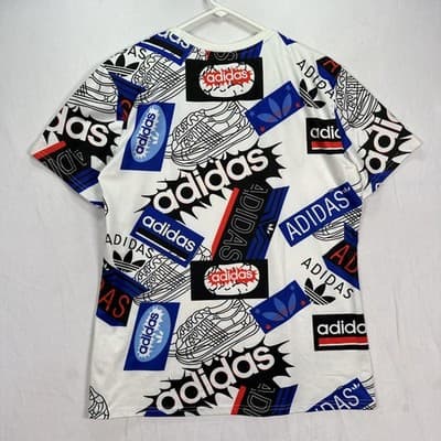 Adidas Shirt Kids 2XL White Blue Black All Over Logo Graphic Tee Originals XXL - Thumbnail 5