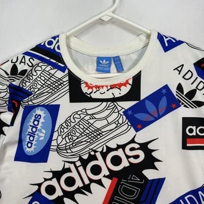 Adidas Shirt Kids 2XL White Blue Black All Over Logo Graphic Tee Originals XXL - Thumbnail 3
