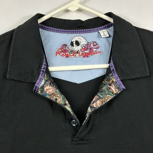 Robert Graham Mens Large Polo Shirt Black Short Sleeve Skull Trim Classic Fit - Thumbnail 2