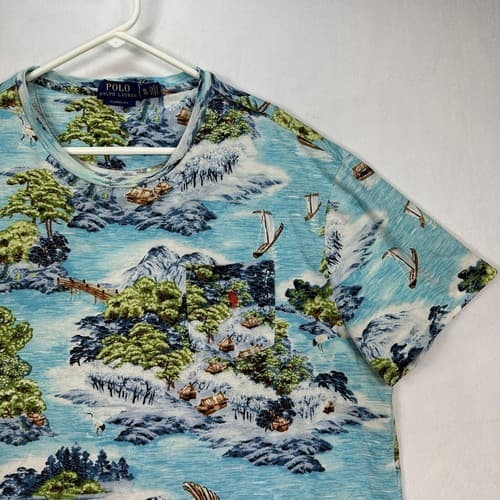 Polo Ralph Lauren T-Shirt Mens XL Japanese Seascape Blue Short Sleeve Pocket Tee - Thumbnail 4