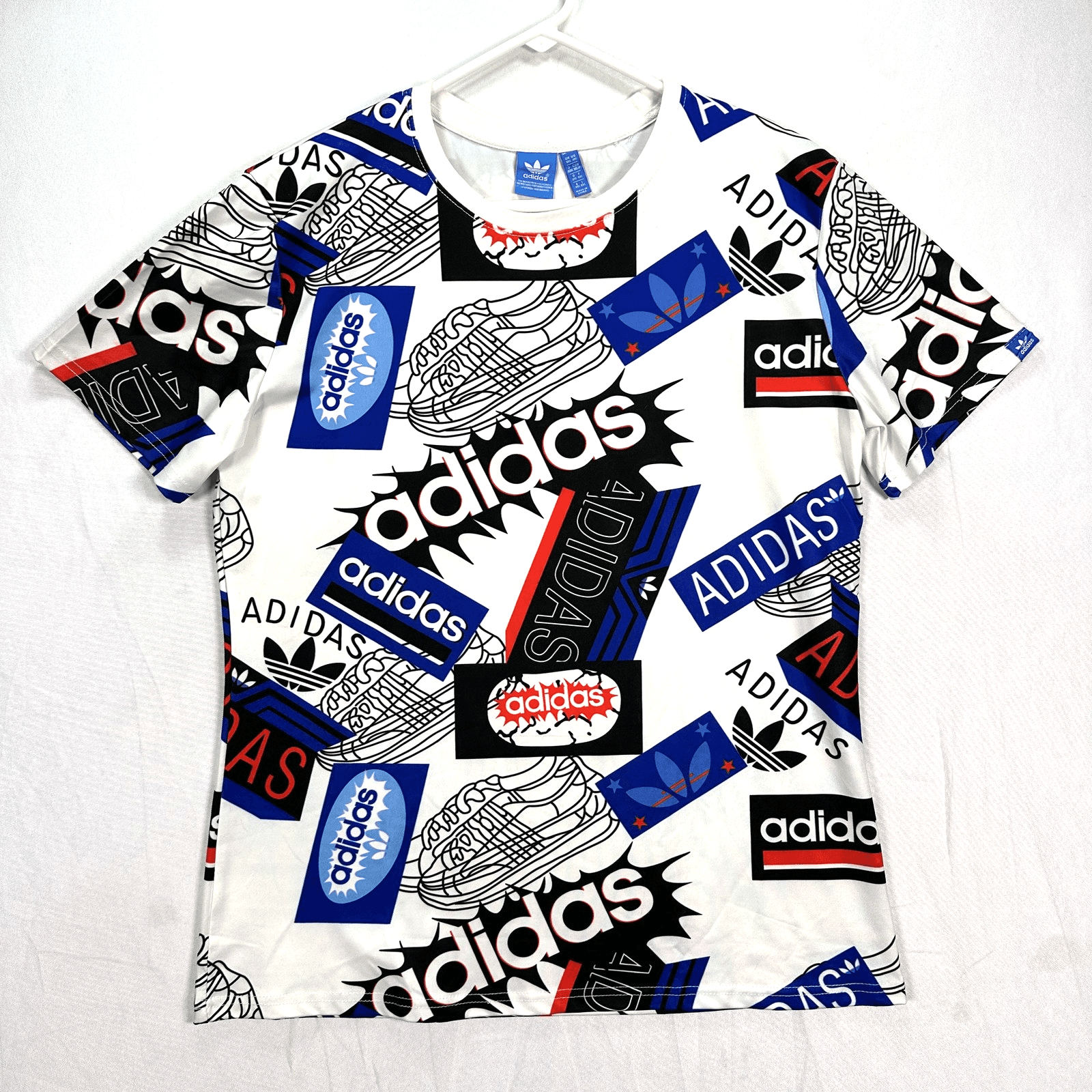 Adidas Shirt Kids 2XL White Blue Black All Over Logo Graphic Tee Originals XXL - Image 1