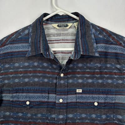 Salt Valley Western Shirt Mens Medium Pearl Snap Blue Striped Aztec Cotton - Thumbnail 4