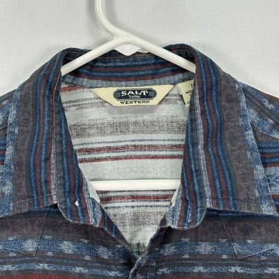Salt Valley Western Shirt Mens Medium Pearl Snap Blue Striped Aztec Cotton - Thumbnail 5