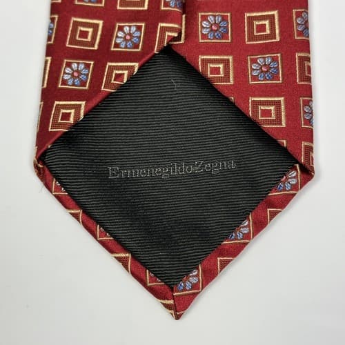 ERMENEGILDO ZEGNA Mens 100% Silk Tie Floral Geometric Squares Red Necktie EUC - Thumbnail 6