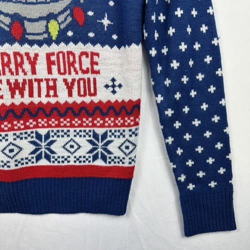 Official Star Wars Adult Xmas Ugly Sweater Blue Size Medium Yoda Merry Force - Thumbnail 3