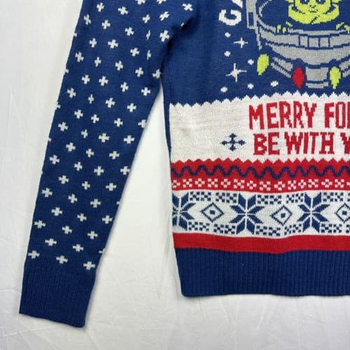 Official Star Wars Adult Xmas Ugly Sweater Blue Size Medium Yoda Merry Force - Thumbnail 4