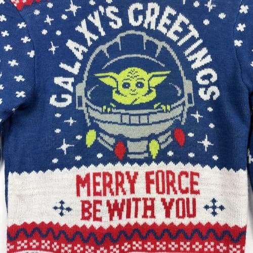 Official Star Wars Adult Xmas Ugly Sweater Blue Size Medium Yoda Merry Force - Thumbnail 5