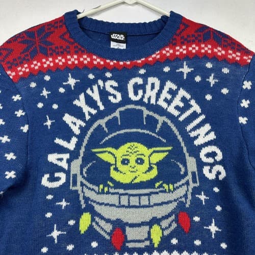 Official Star Wars Adult Xmas Ugly Sweater Blue Size Medium Yoda Merry Force - Thumbnail 6
